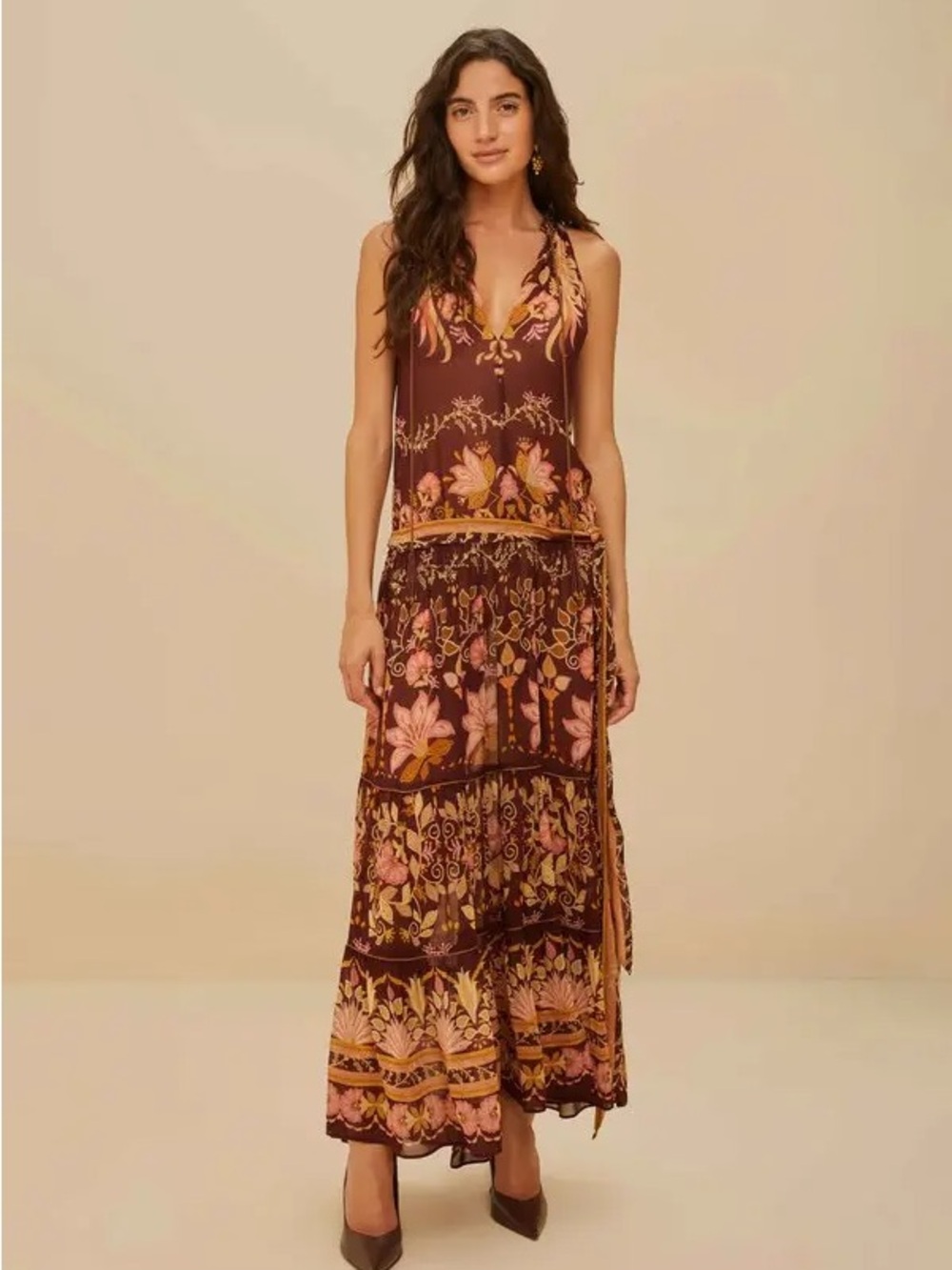 FARM Rio Burgundy Floral Halter Maxi with Pink and Gold Accents